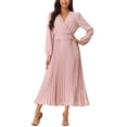 thumbnail image 2 of INSPIRE CHIC Robe Plissée pour Femme à Manches Longues Bouffantes, Col en V, Robe avec Ceinture à la Taille, G Rose Poudré, 2 of 6