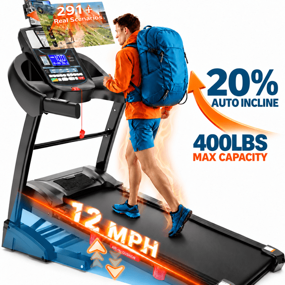 20-Level Auto Incline Treadmill, Folding Treadmill with 12 MPH High Speed, 400 LB Capacity, Bluetooth APP Control, 18" Extra Wide Running Belt, Easy Assembly Workout Treadmill for Home