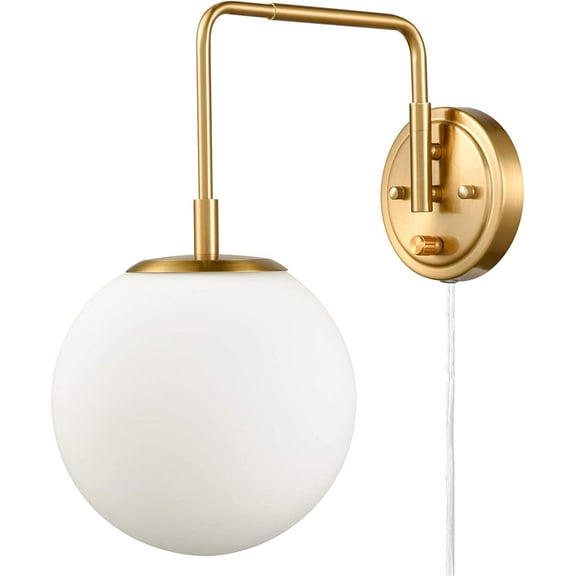 DAYCENT Modern Plug-in Wall Sconce Opal Glass Globe Swing Arm Brass Wall Sconce with On/Off Switch