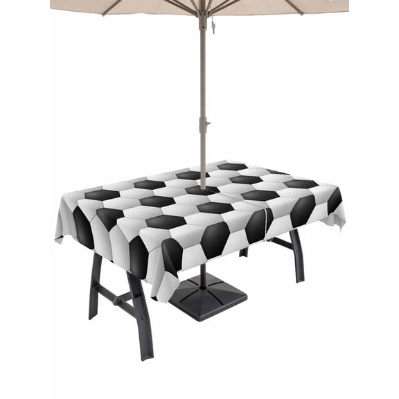 Outdoor Tablecloth with Umbrella Hole for Patio/Picnic/Party/Camping, Football Texture Waterproof Table Cloth Rectangle Table Cover Washable, Abstract Art Black White Hexagon (54"x 80")