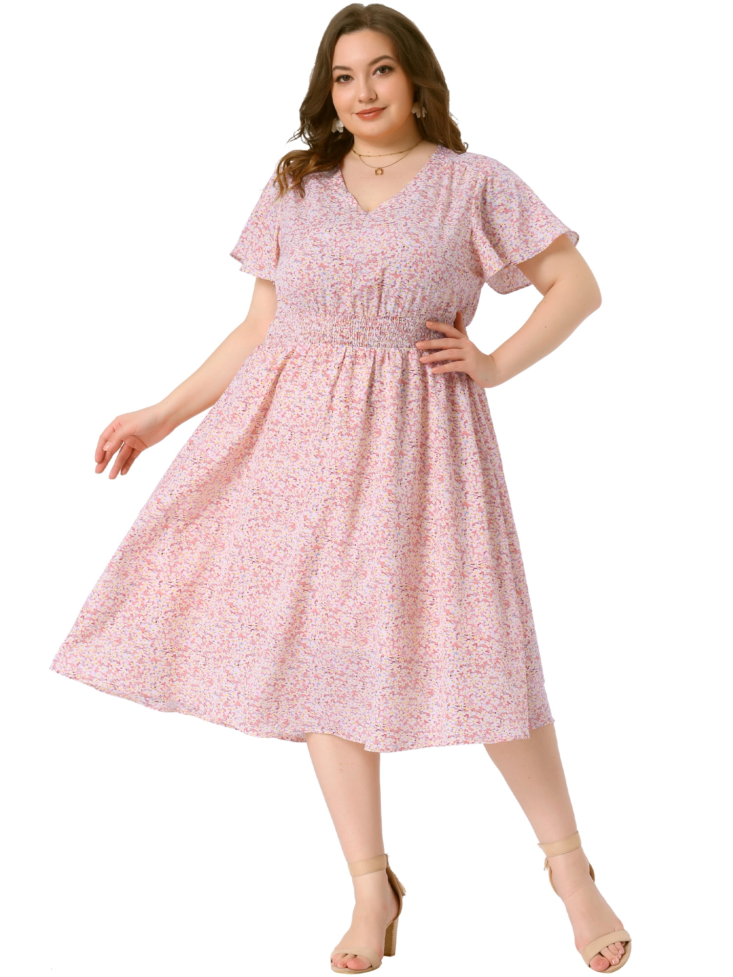 DARING DIVA Plus Size Ditsy Floral V Neck Smocked Waist Midi Dress 3X Pink