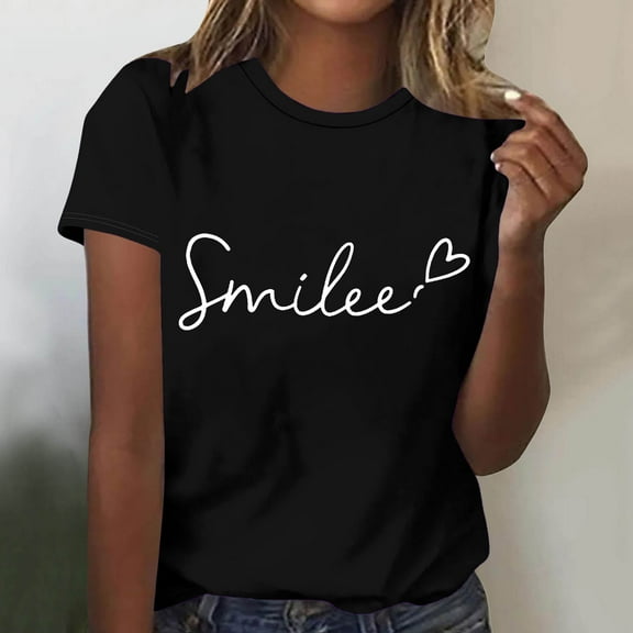 WXLWZYWL Tunic Tops for Womens Plus Size Short Sleeve Round Neck Graphic Letter Printing Solid Color Tees Tops Casual Summer Loose T Shirt
