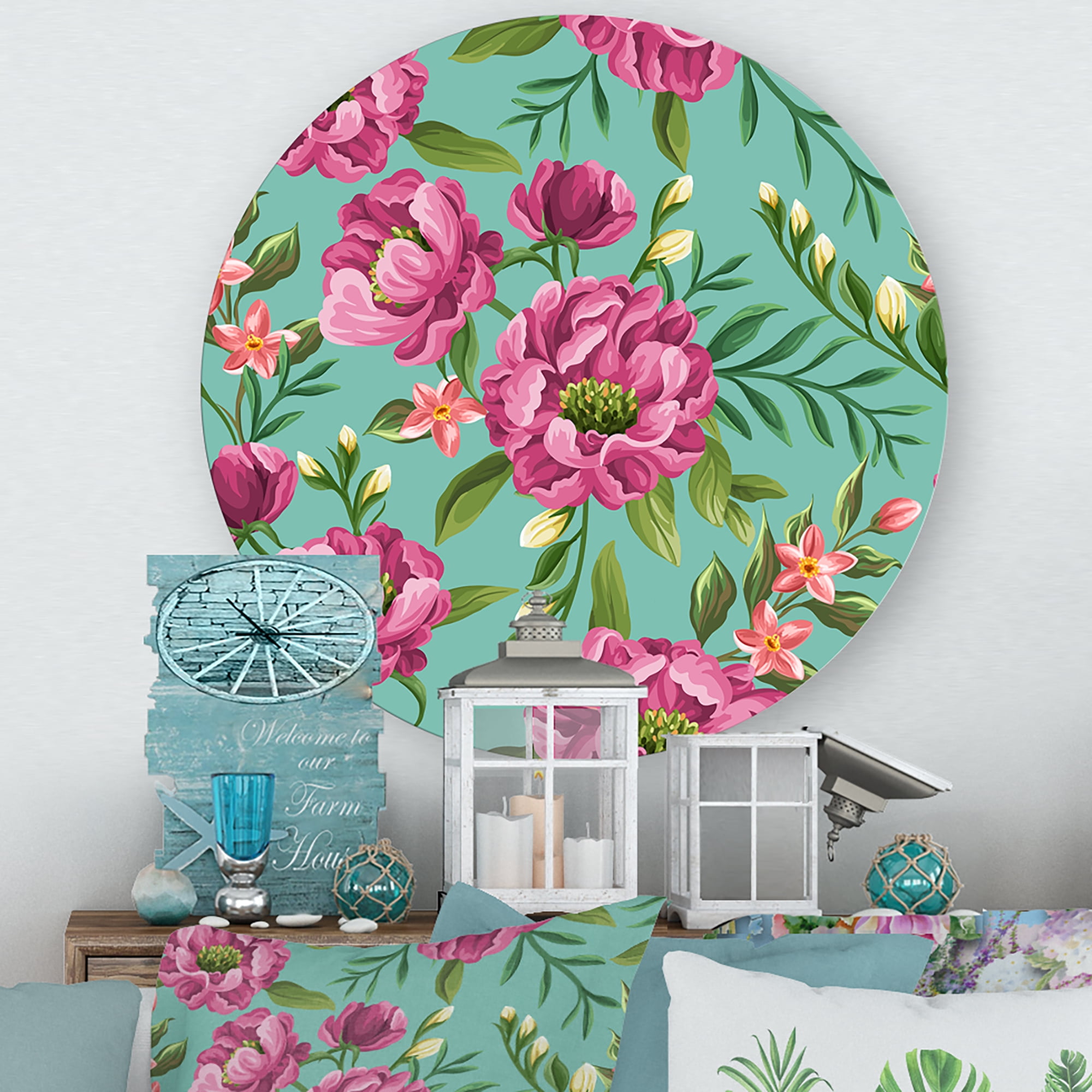 Designart 'Fuchia Pink Flowers On Green VIntage' Traditional Circle Metal Wall Art 23x23 - Disc of 23