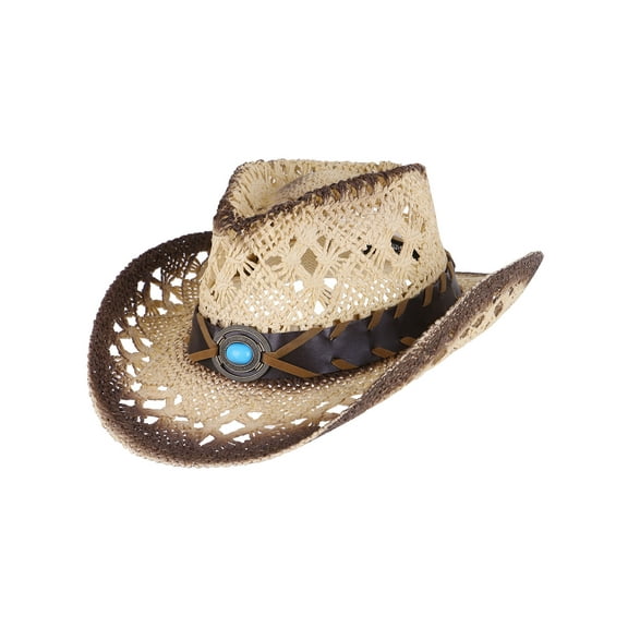 Child's Costume Party Cowboy Cowgirl Straw Hat with Blue Stone Brown