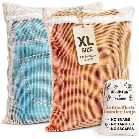 WoollyPals Large Cotton Mesh Laundry Bags (16" x 20") – 2-Pack with Drawstring Storage Pouch – Washer & Dryer Safe, Durable Zipper, Breathable Mesh for Clothes, Delicates, Underwear, Shoes & Lingerie