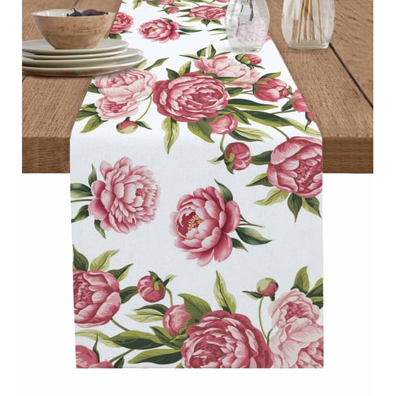 Pink Floral Table Runner 108 Inches, Pastoral Botanical Leaves Farmhouse Rustic Bed Runner Dresser Scarves Tabletop for Indoor Outdoor Parties/Ceremony/Banquet, 13"x 108"