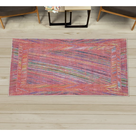 Abstract Decorative Rug, Weathered Colorful Quirky and Scribble Style Design of Lines and Stripes, Quality Carpet for Bedroom Dorm and Living Room, 6 Sizes, Coral Multicolor, by Ambesonne