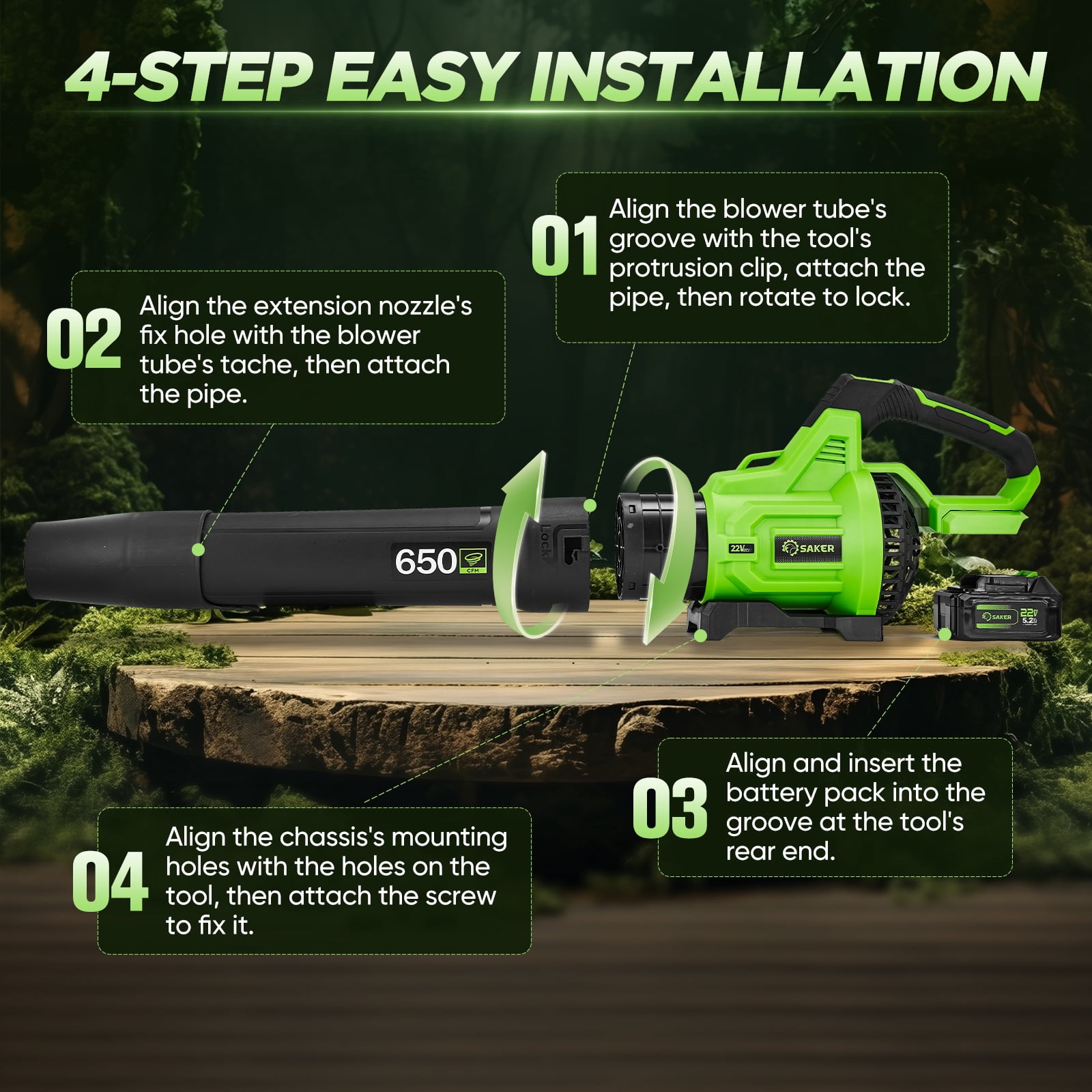 Saker Cordless Leaf Blower with 2x 5.2Ah Batteries, 650CFM, 150MPH, 3 Speed Levels, Electric Leaf Blower for Lawn Care, Leaves Blowing, Patio Cleaning