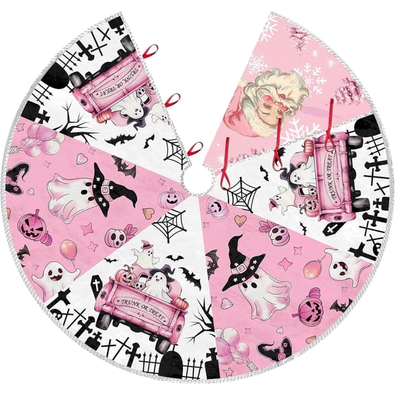 Pink Christmas Tree Skirt 36 Inch Reversible Halloween Christmas Double Side Print Tree Skirt Halloween Christmas Party Pink Christmas Decorations for Tree