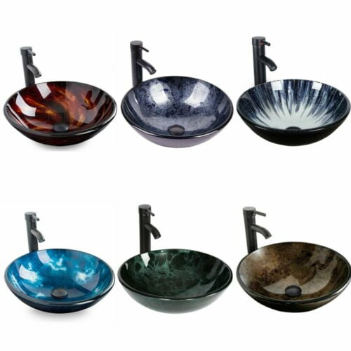 FULLWATT Bathroom Tempered Glass Vessel Sink Bowl Faucet Popup Drain