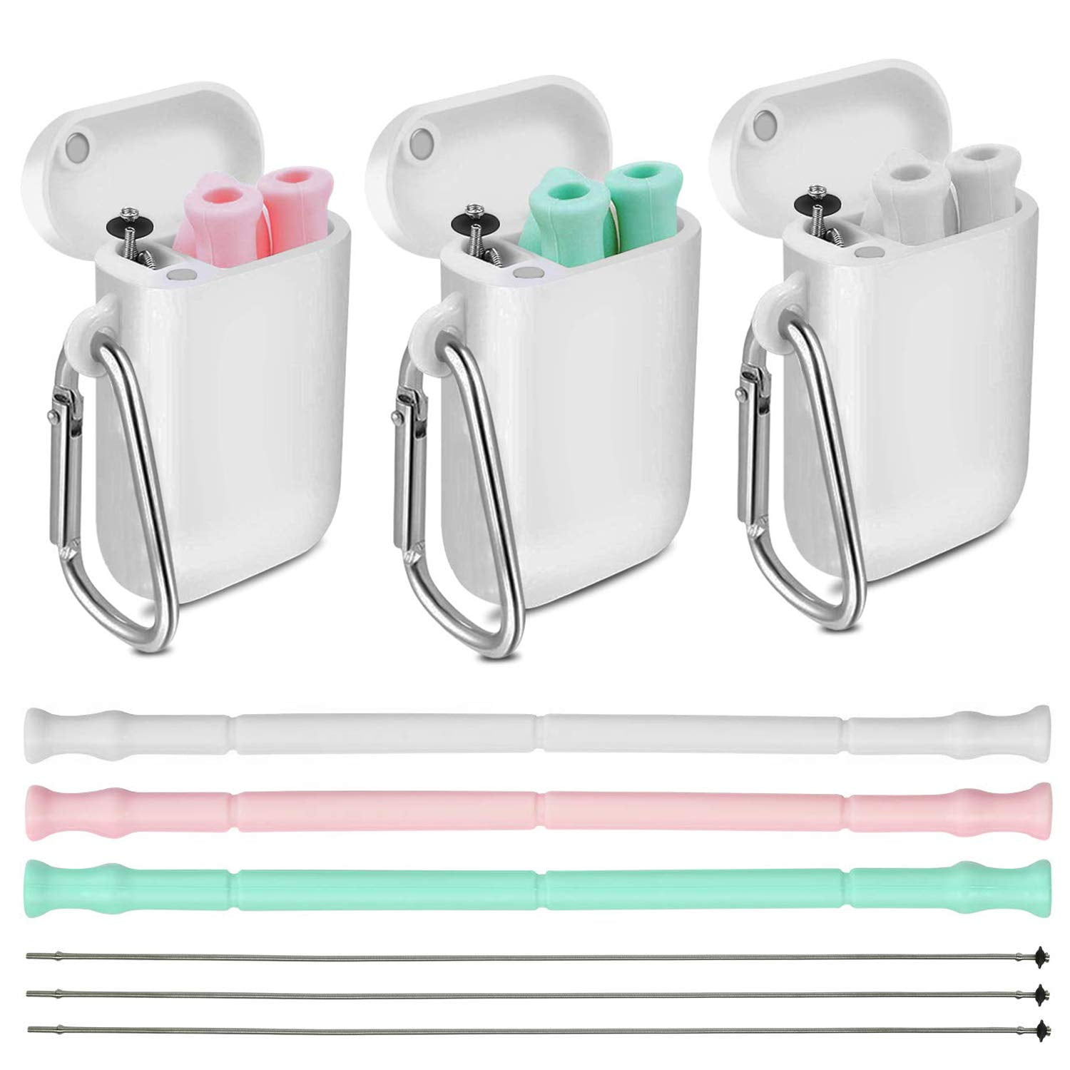 Reusable Silicone Collapsible Straws 3 Pack Portable Drinking Straw with Carrying Case and