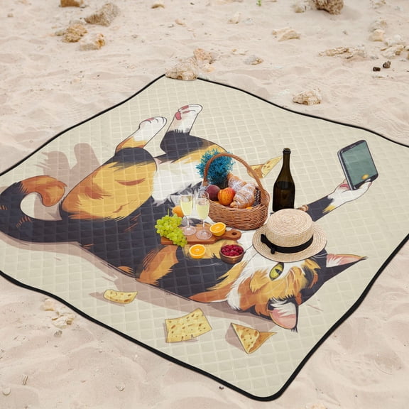 Cute Cat Snack Beach Blanket Outdoor Picnic Mat Sandproof Waterproof Foldable for Camping Travel Hiking