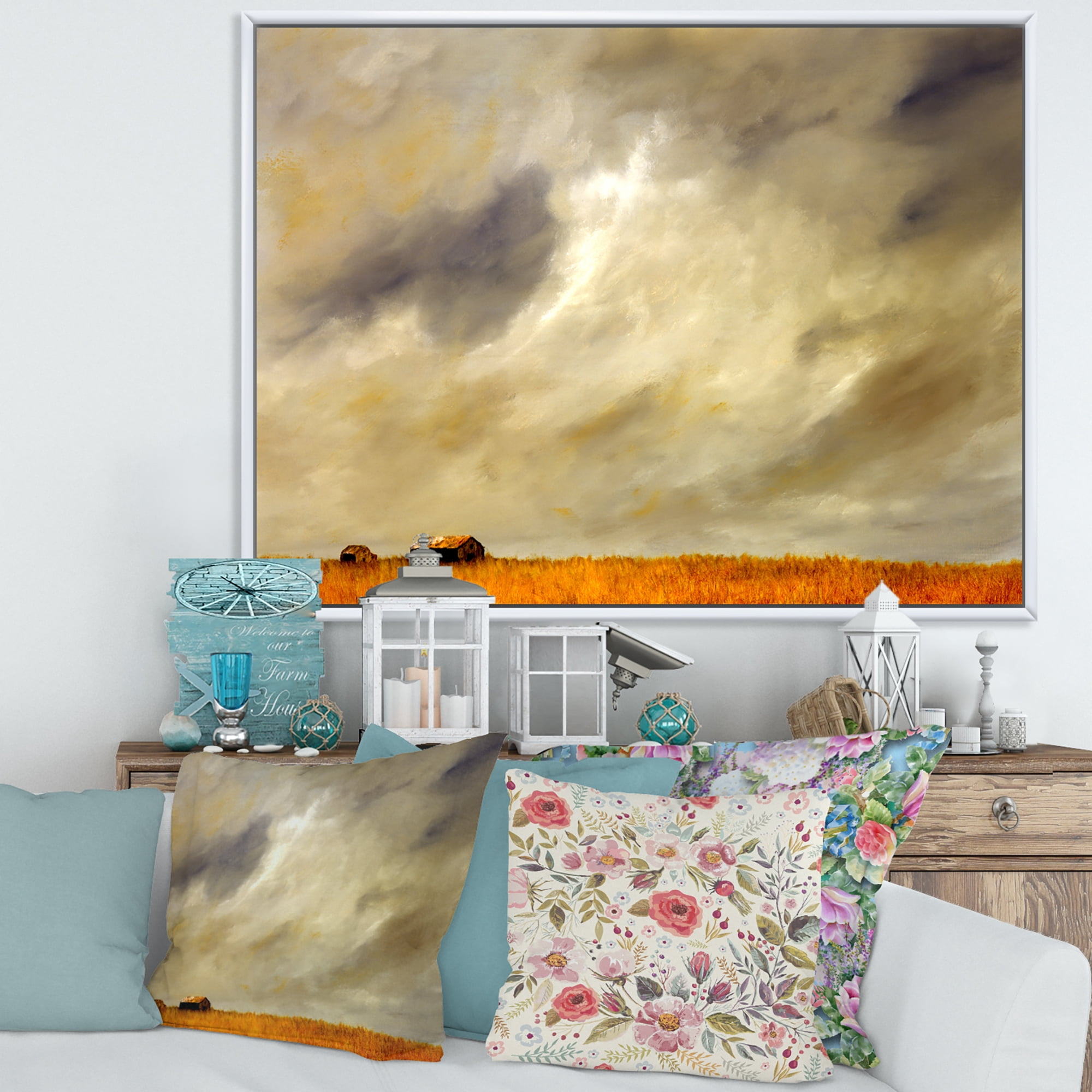 Designart 'Desert Farmhouse Under Cloudy Sky I' Farmhouse Framed Canvas Wall Art Print