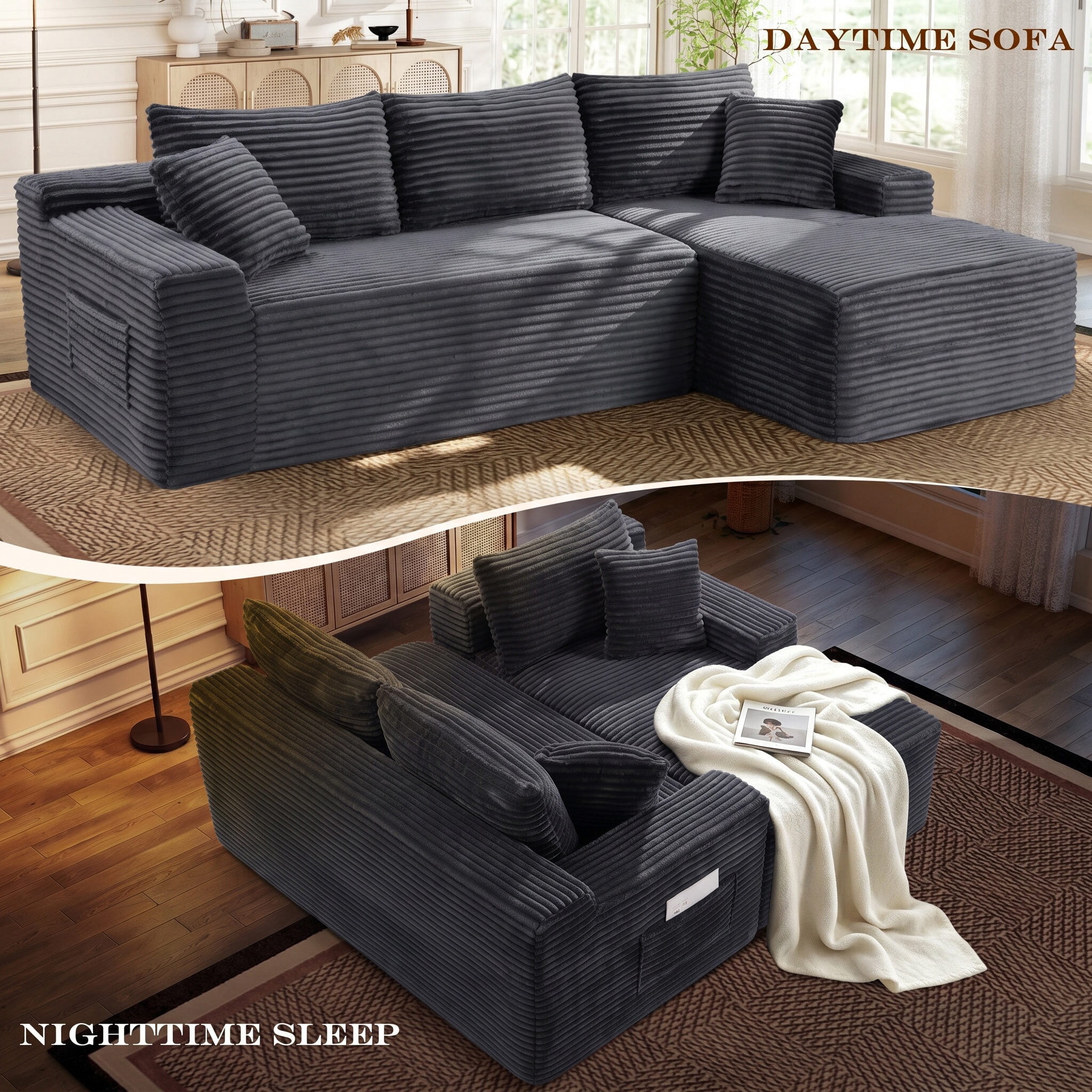 Lunale Small Modular Sectional Sofa with Movable Chaise, L-Shaped Boneless Cloud Couch for Living Room, Gray (Right Facing Chaise)