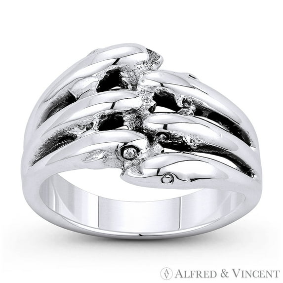 Dolphin Pod Spirit Animal Charm Stackable Right-Hand Boho Ring in Oxidized .925 Sterling Silver