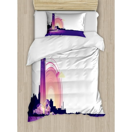 Champagne Bedding Coastal Duvet Cover Set, Lighthouse at Sunset and Silhouette of City on Back, Decorative Bedding Set with Pillow Shams, Indigo Pastel Pink Champagne Charcoal Grey, by Ambesonne ()