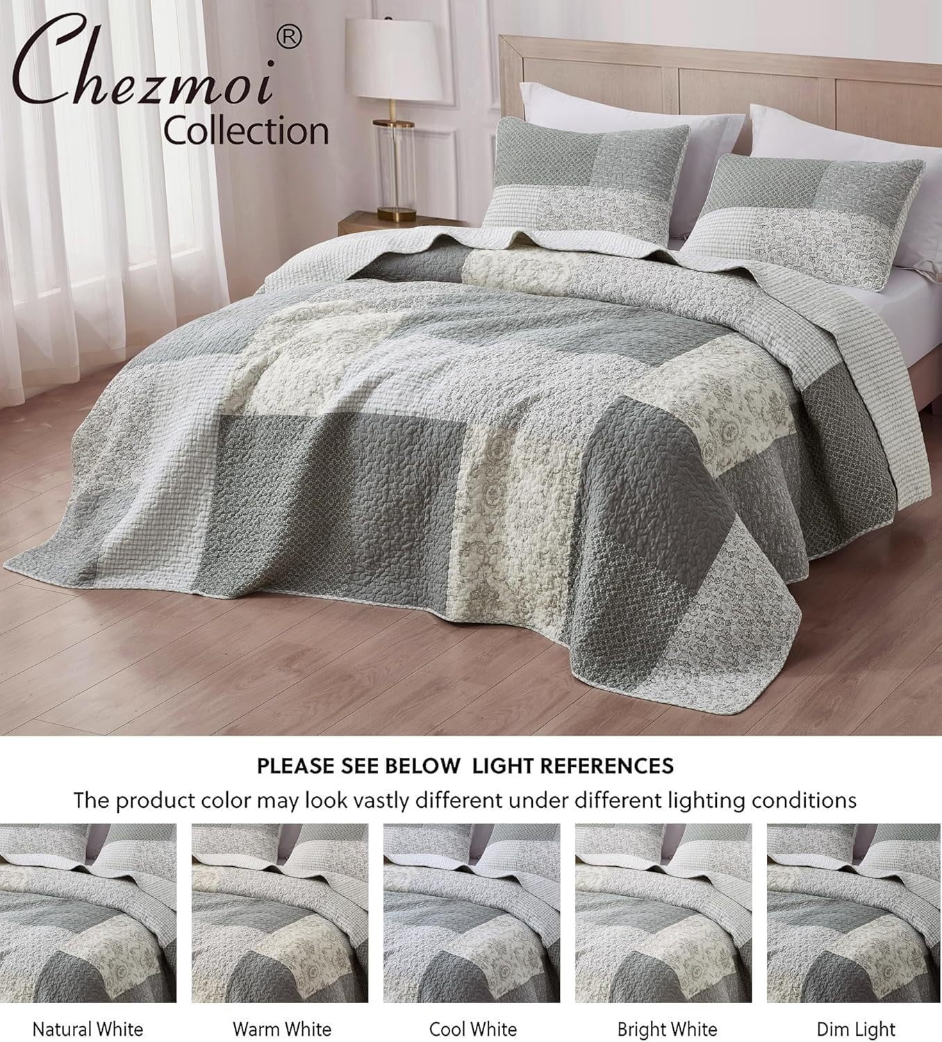 Chezmoi Collection 3-Piece Muted Gray White Ivory Floral Plaid Patchwork Cotton Quilt Reversible Lightweight Bedspread Set, Oversized King 120x96