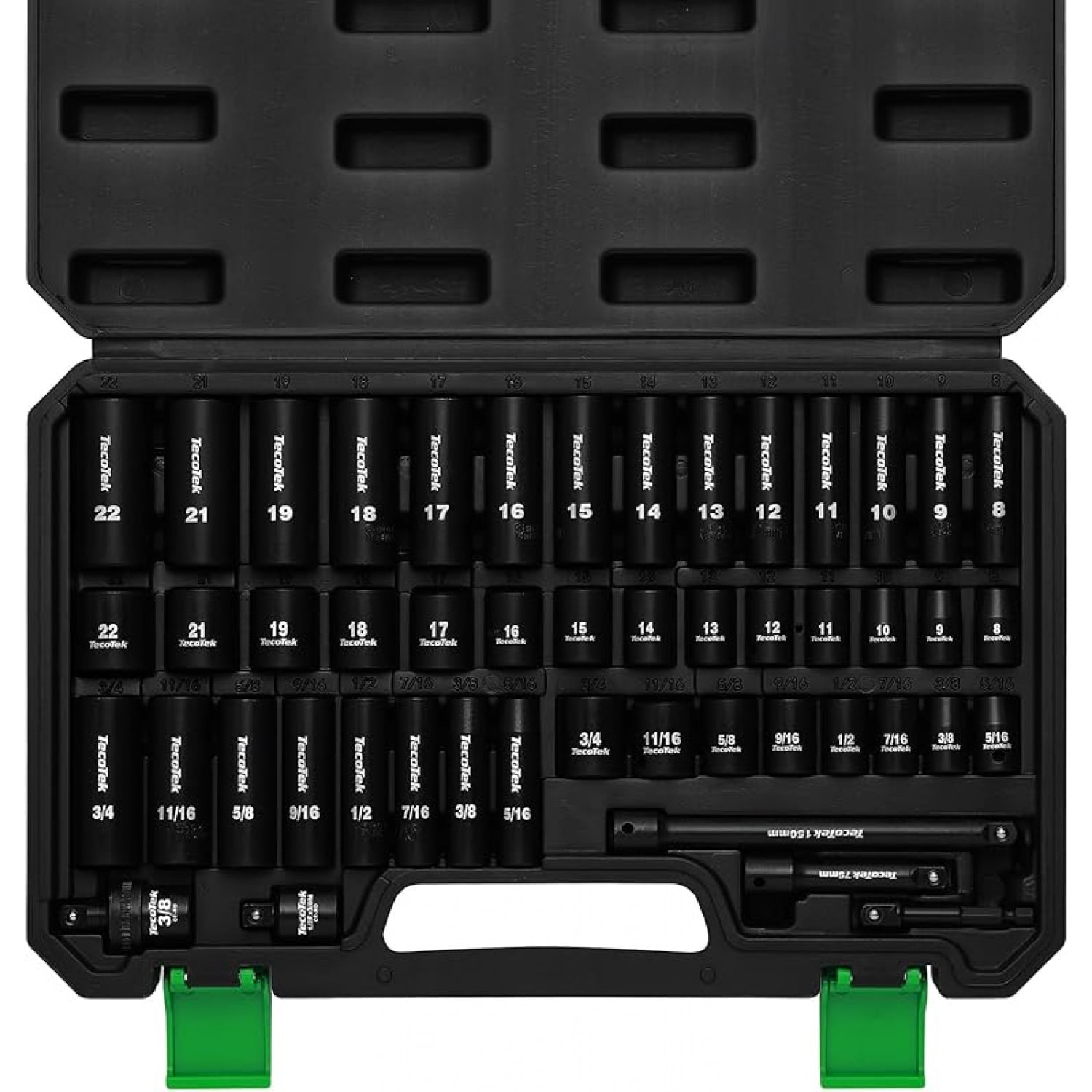 3/8" Drive Impact Socket Set, 49-Piece Standard SAE (5/16"-3/4") and Metric (8mm-22mm), 6 Point, Cr-V, Extension Bars, 1/2" F to 3/8" M Reducer, Universal Joint and Power Drill Adapter