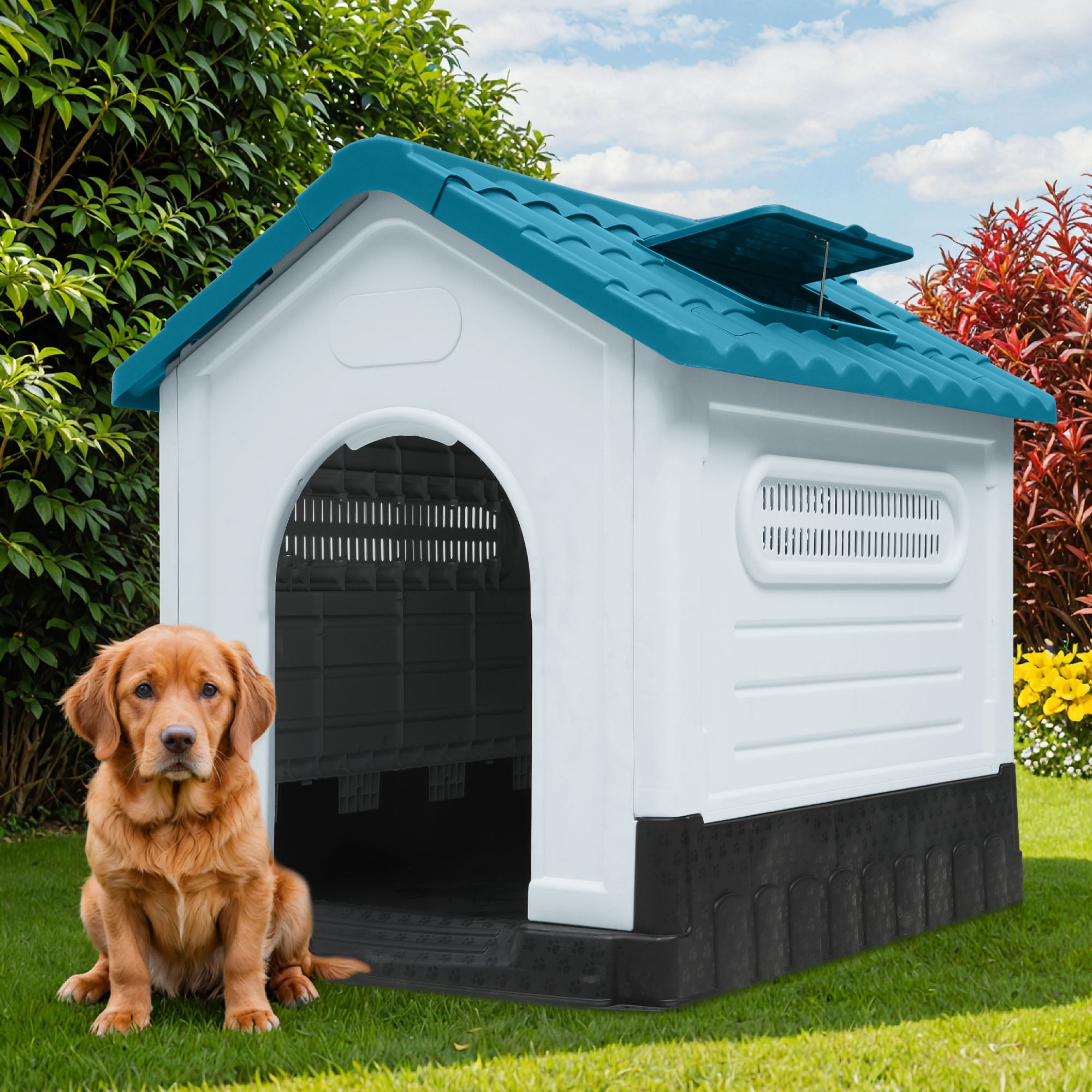 Uforic Large Foldable Plastic Dog House with Air Vents and Elevated Floor, Outdoor Indoor Waterproof Doghouse Puppy Shelter,Blue,41.3''Lx 34.6''Wx 39''H
