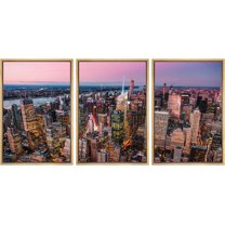 PixonSign Framed Canvas Print Wall Art Set Aerial View New York City Sunset Urban Architecture Photography Realism Scenic Landscape Decorative Colorful Multicolor for Bedroom- 16"x24"x3 Natural