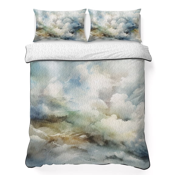 Queen Quilt Set 90''x96'', Blue White Ombre Lightweight Bedspread Coverlet Set with 2 Pillow Shams, Watercolor Cloud Geometric Abstract Art Breathable All Season Quilt Bedding for Bedroom/Guest Room