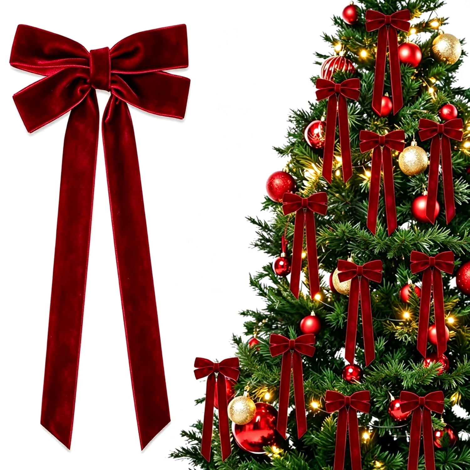 12Pcs Velvet Ribbon Bows Christmas Tree Decorations, 5in x 10in Xmas Ornaments for Tree Home Party Front Door Wreath Garland Holiday Decor (Burgundy)