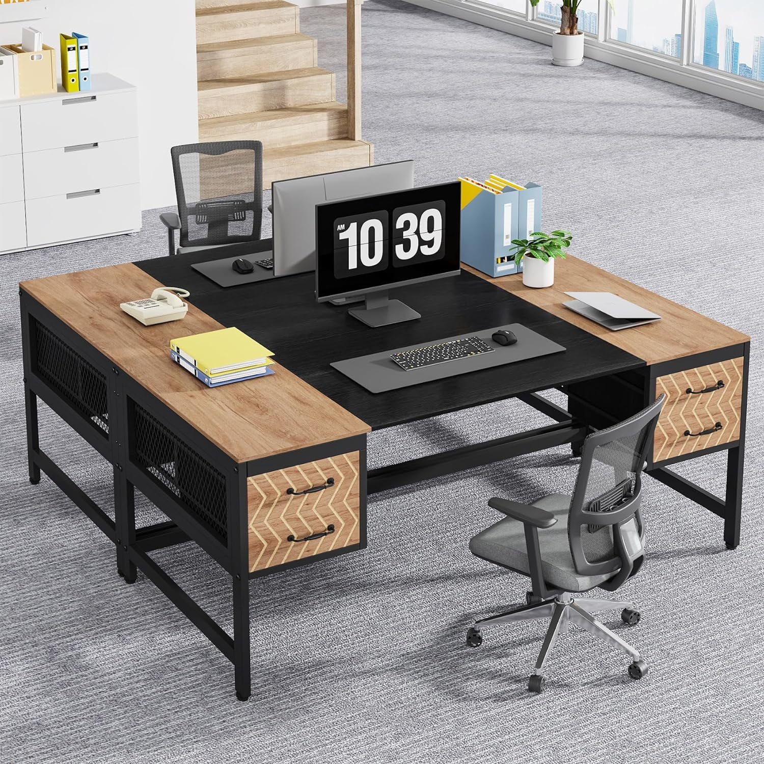 PurelyGoods  Computer Executive Desk with Drawers: 63" Computer Desk with 4 Storage Drawers, Wood Farmhouse Study Writing Table, Herringbone Business Furniture for Home Office