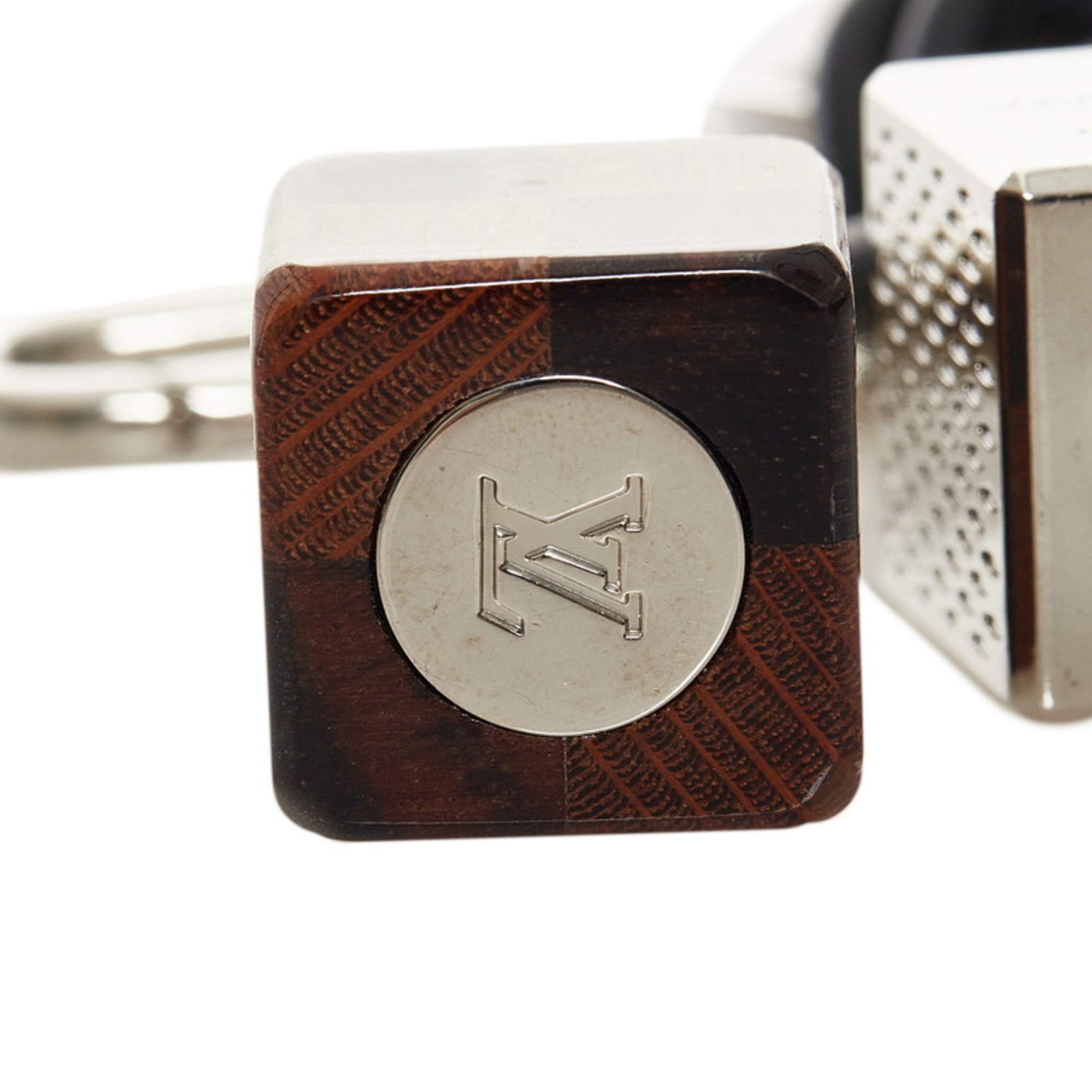 Authenticated used Louis Vuitton Damier Cube Keychain Keyring M61008 Silver Brown Metal Leather Wood Women's Louis Vuitton, Adult Unisex, Size: (HxWxD