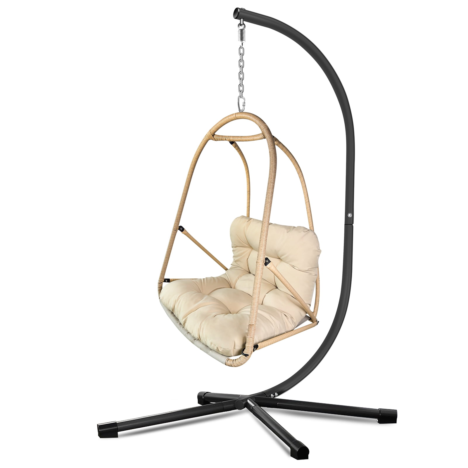 Swing Egg Chair with Stand, Wicker Rattan Hanging Chair with Cushion Pillow for Indoor Outdoor Patio Garden Balcony, Beige Brown