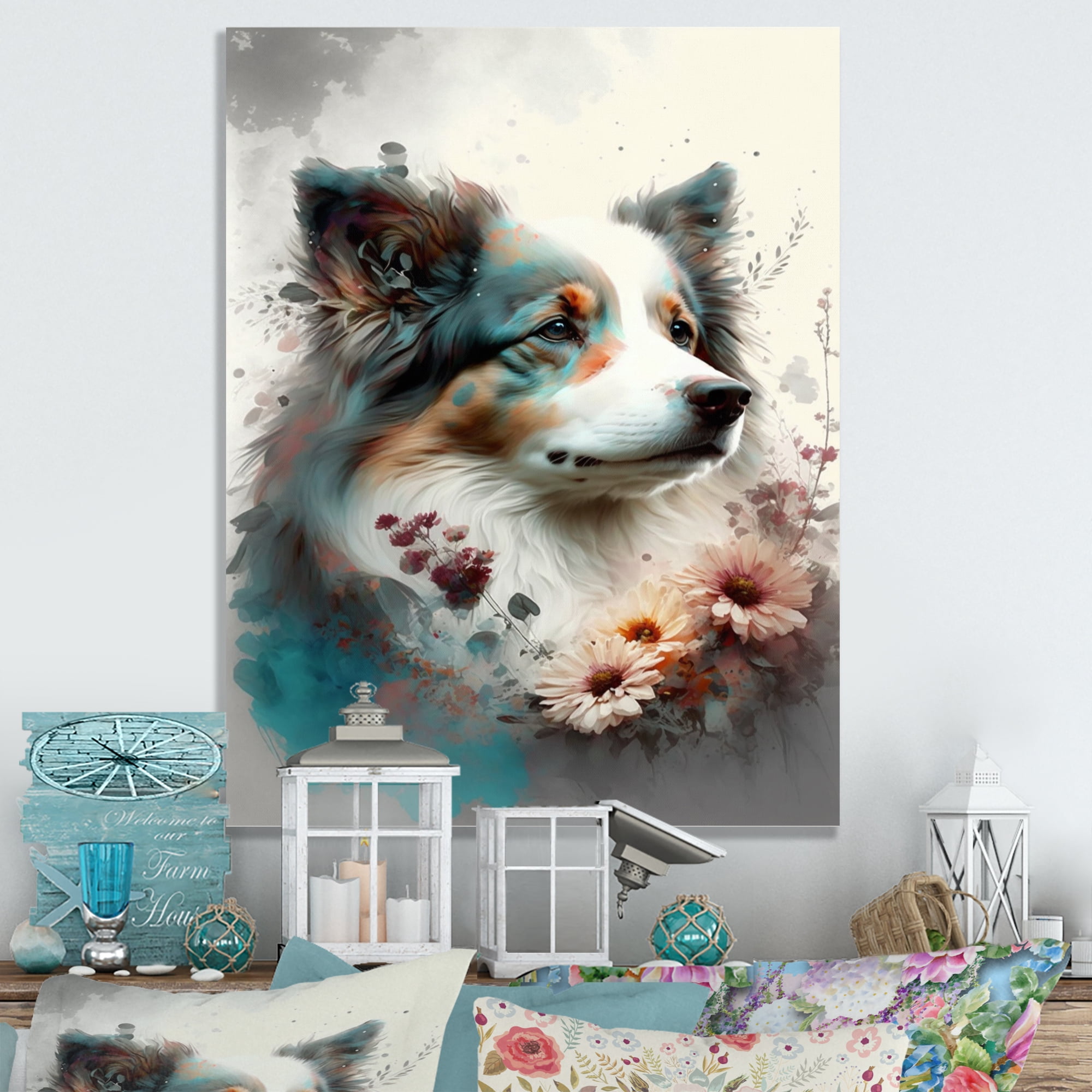 Designart Cute Dog Floral Art IV Canvas Wall Art
