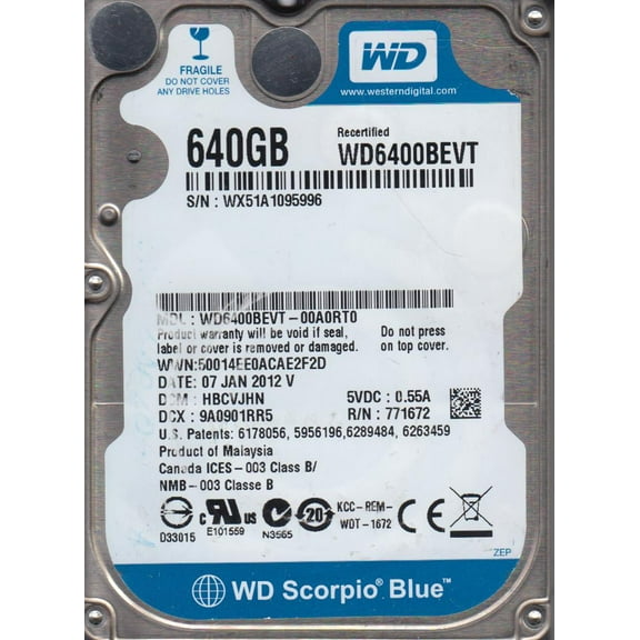 WD6400BEVT-00A0RT0, DCM HBCVJHN, Western Digital 640GB SATA 2.5 Hard Drive