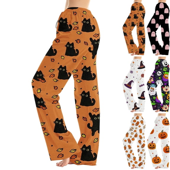 BFRGSIJ Women's Halloween Pajama Pants Baggy Wide Leg Drawstring Sleep Pants with Pockets Casual Loungewear Sleep Bottoms L
