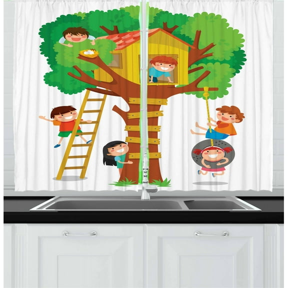 Kids Curtains 2 Panels Set, Cheerful Little Boys and Girl Playing in a Tree House Happy Childhood Friends Cartoon, Window Drapes for Living Room Bedroom, 55W X 39L Inches, Multicolor, by Ambesonne