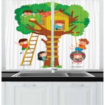 Kids Curtains 2 Panels Set, Cheerful Little Boys and Girl Playing in a Tree House Happy Childhood Friends Cartoon, Window Drapes for Living Room Bedroom, 55W X 39L Inches, Multicolor, by Ambesonne