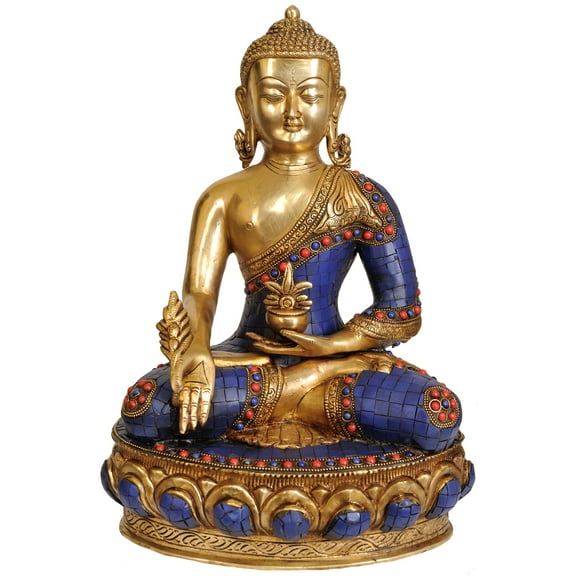 15" The Medicine Buddha In Brass | Handmade | Made In India - Brass Statue with Inlay