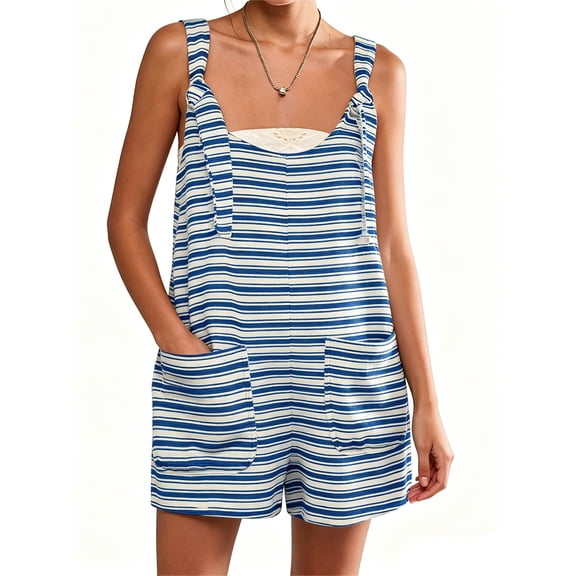 Women Summer Casual Sleeveless Romper Loose Striped Tied Shorts Overalls Jumpsuit with Pockets