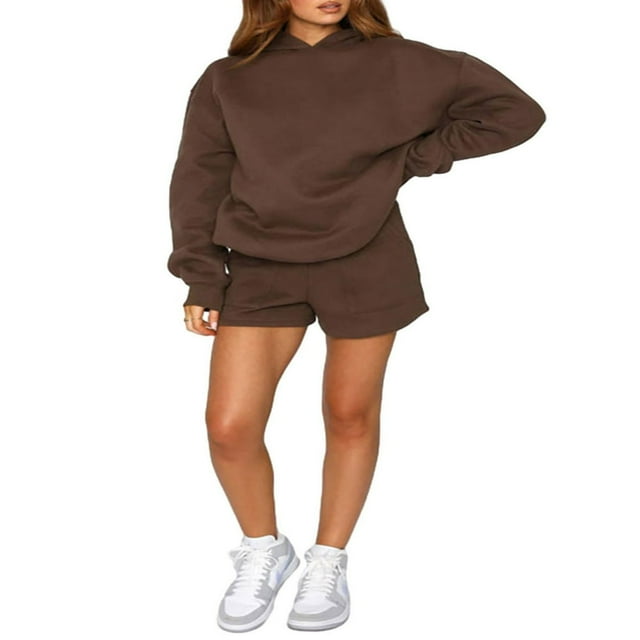 Casual Solid Color Hooded Sweatshirt and Loose Shorts Set for Women