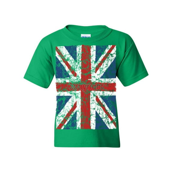 Tee Hunt Union Jack Youth T-Shirt United Kingdom Distressed British Flag Kids Tee, Green, Large