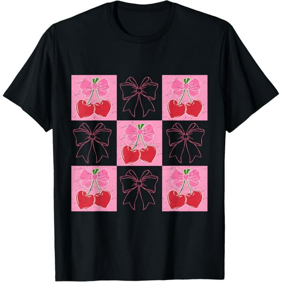 Checkered Coquette Bow Cherry Love Women Valentine Day T-Shirt