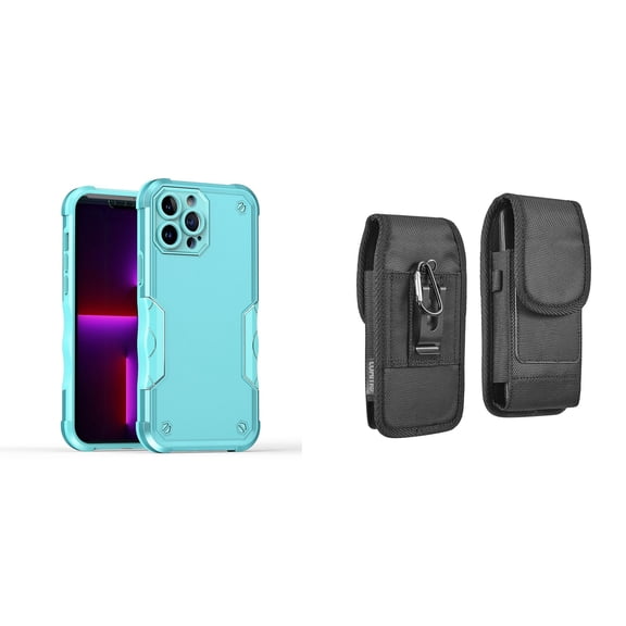 Case with Belt Holster Bundle for iPhone 14 Pro Max: Slim EX Hybrid Series Shockproof Case (Teal) and Vertical Rugged Nylon Phone Pouch