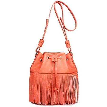 Drawstring Hobo Bag - Miss Lulu Leather Look Fringe Tassel Drawstring Bucket Hobo Shoulder Bag (Coral)