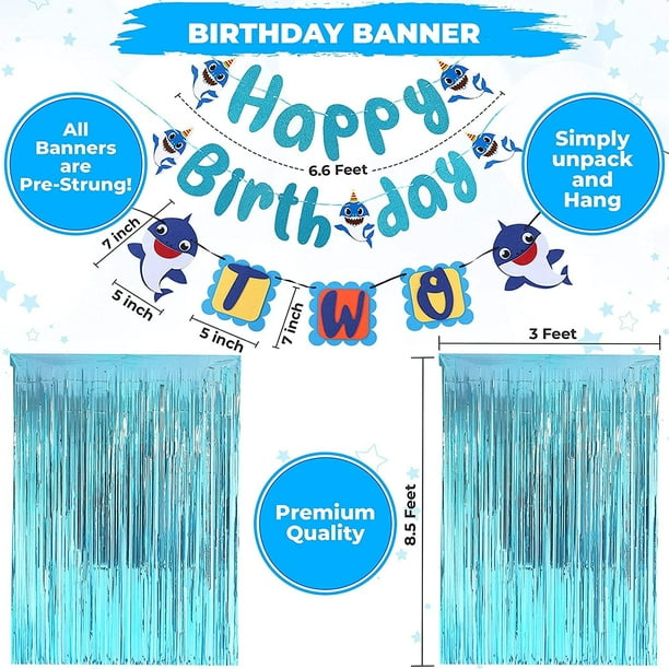 Htooq Blue Baby Shark 2nd Birthday Complete Decoration Set For Boys & Girls | 44 Pcs Baby Shark Theme Party Decorations For Kids | Includes Shark Bann