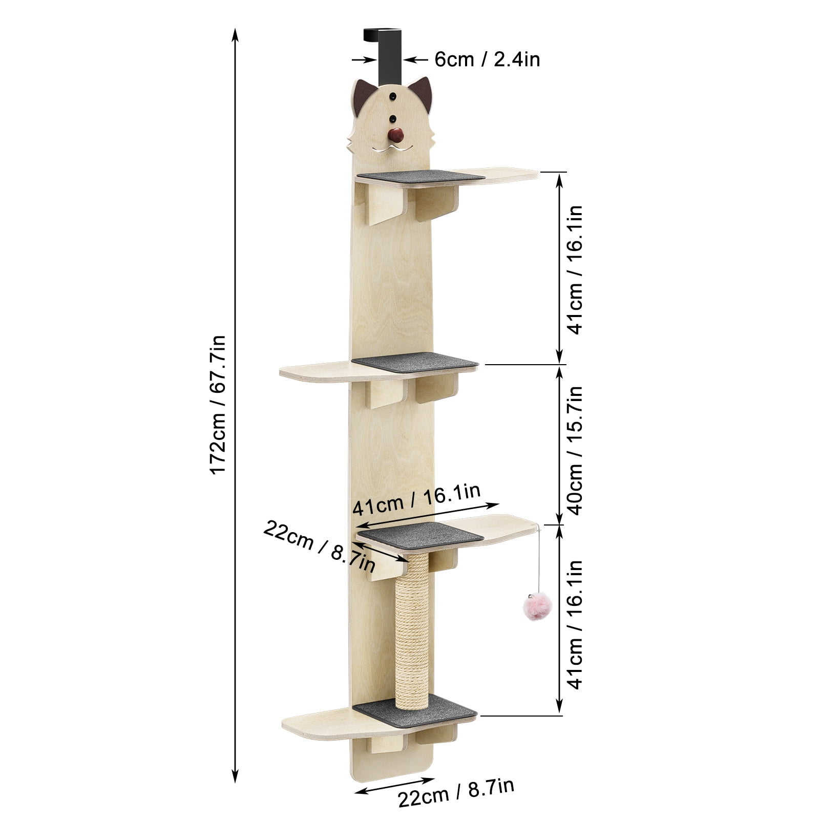 Wliqien Cat Door Hanger, 4-Tiers Vertical Cat Tree over The Door, Door Hanging Cat Shelves with Scratching Post, Pads, Tease Cat Ball, Over Door Cat Climber for Indoor Cats