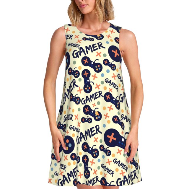 Xecao Manette de Jeu pour Robes d'Été pour Femmes Robes Décontractées de Plage Robes Sans Manches T-Shirt Robe Évasée avec Poches