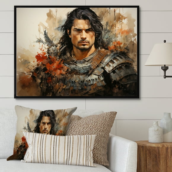 Designart Beige Global black framed wall art, Japan Art framed wall Art, Samurai Warrior in Japanese Art Portrait I , japan art framed wall art decor, 40x30 inches black frame