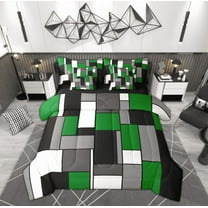 Feelyou Chic Geometric Abstract Bedding Comforter Set 7 Pieces, Green Square Rectangle Full Bedding Set, Teen Kid Child Adult Reversible Fitted Sheet Flat Sheet, Lightweight Room Decor