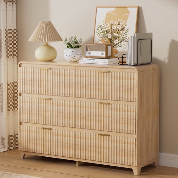 VNT Natural 6 Drawer Dresser,Boho Fluted Dresser with Wave Panel Design, Modern Chest of Drawers Waterproof for Living Room, Hallway, Entryway
