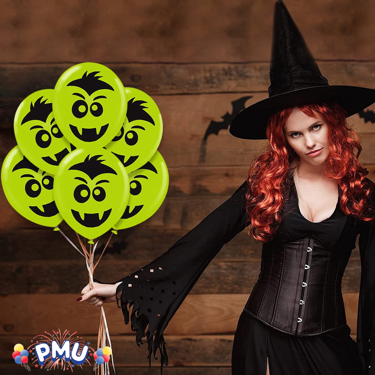 PMU Halloween Laughing Faces Balloons - Small Latex Balloons for Halloween Theme Parties, Trick-or-Treat & Party Favors Supplies - 12 Inch Kooky Vampire Lime Green, (50/Pkg) Pkg/1