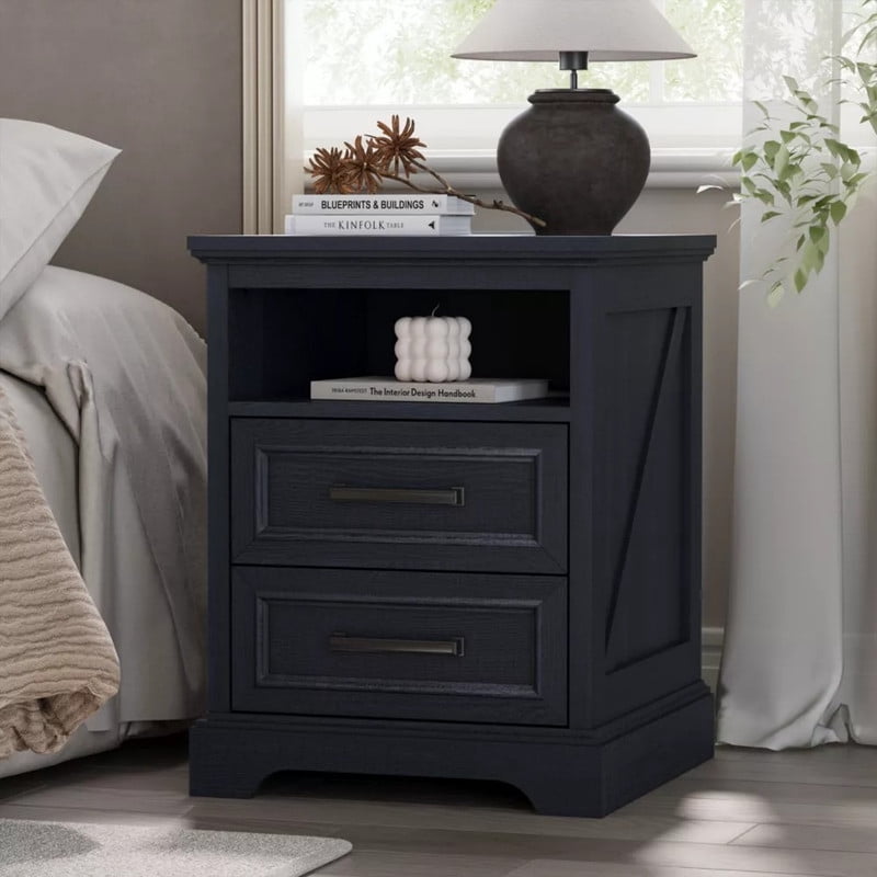 Kelno 18" Nightstand with Charging Station Farmhouse Wooden End Table with 2 Drawers USB TypeC Outlets，Black