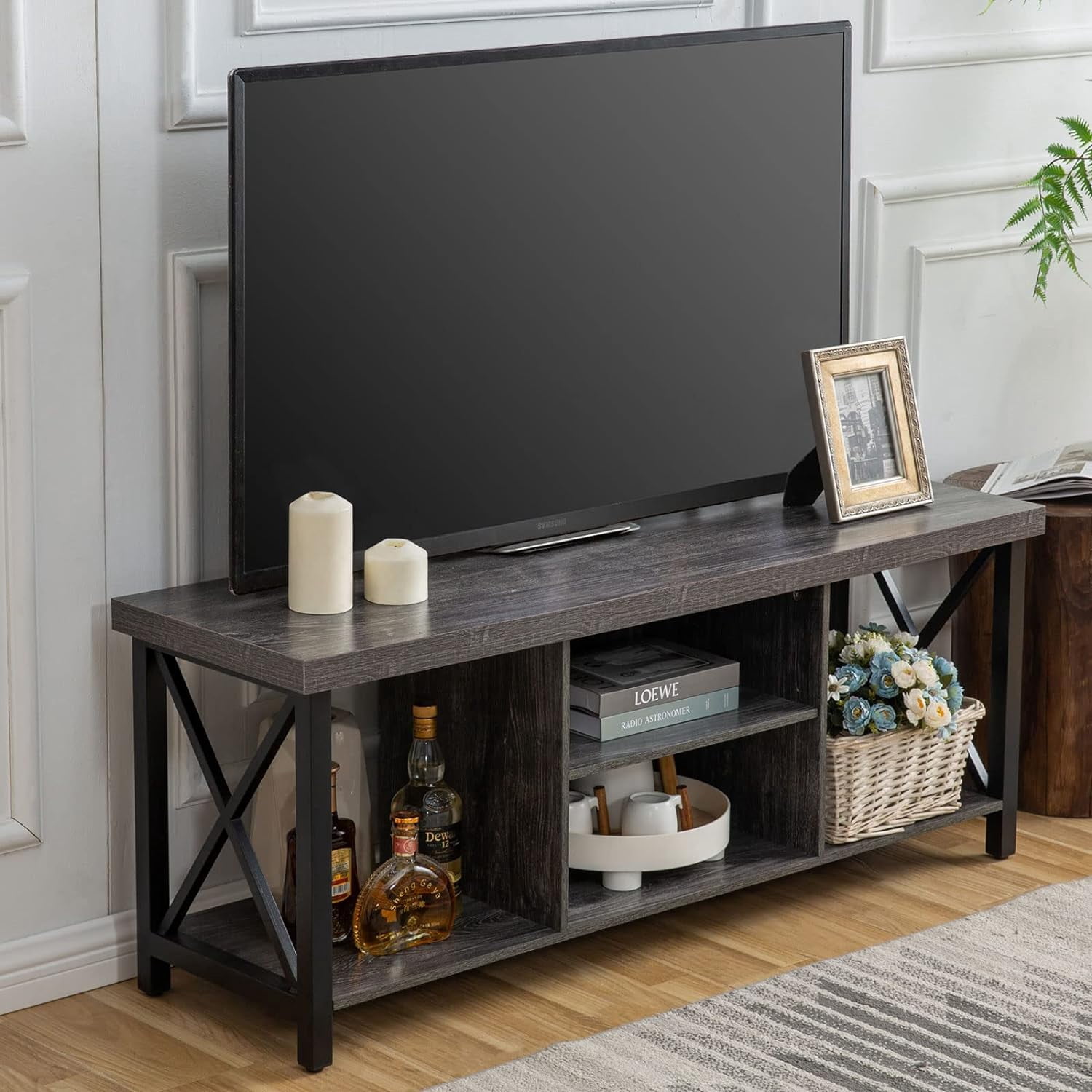 Reliancer Farmhouse TV Stand for TVs up to 55", with 4 Number of Shelves, Open Storage, Grey